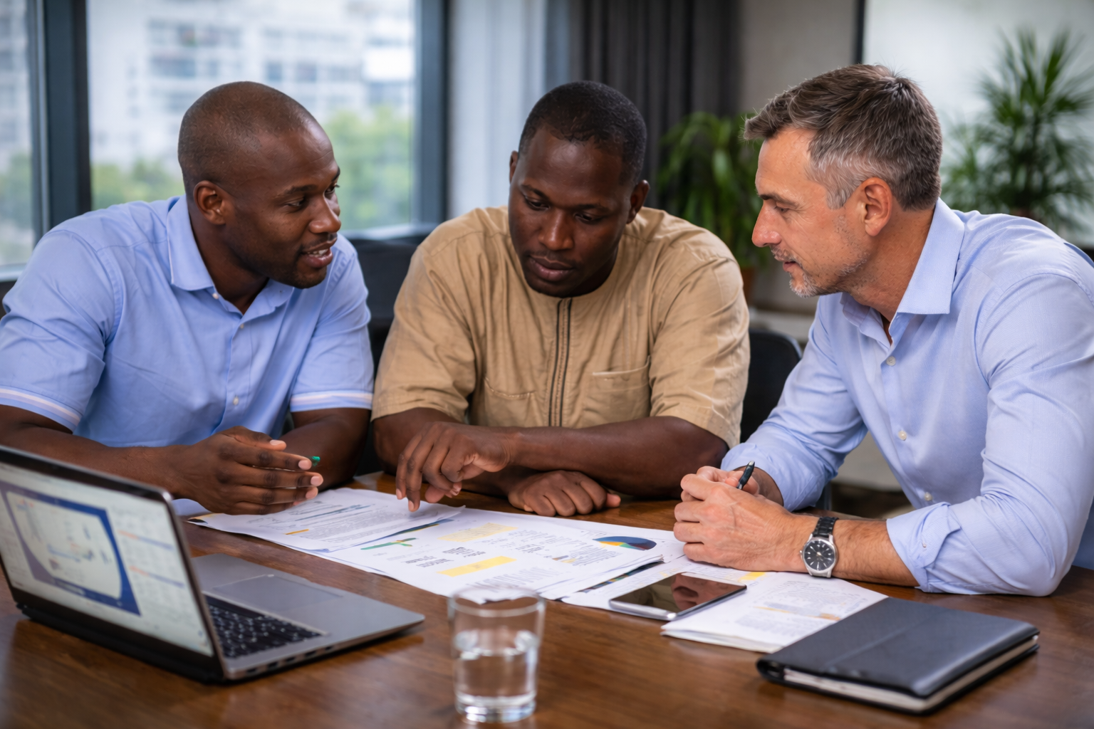 Équipe de professionnels en réunion de consulting et négociation stratégique