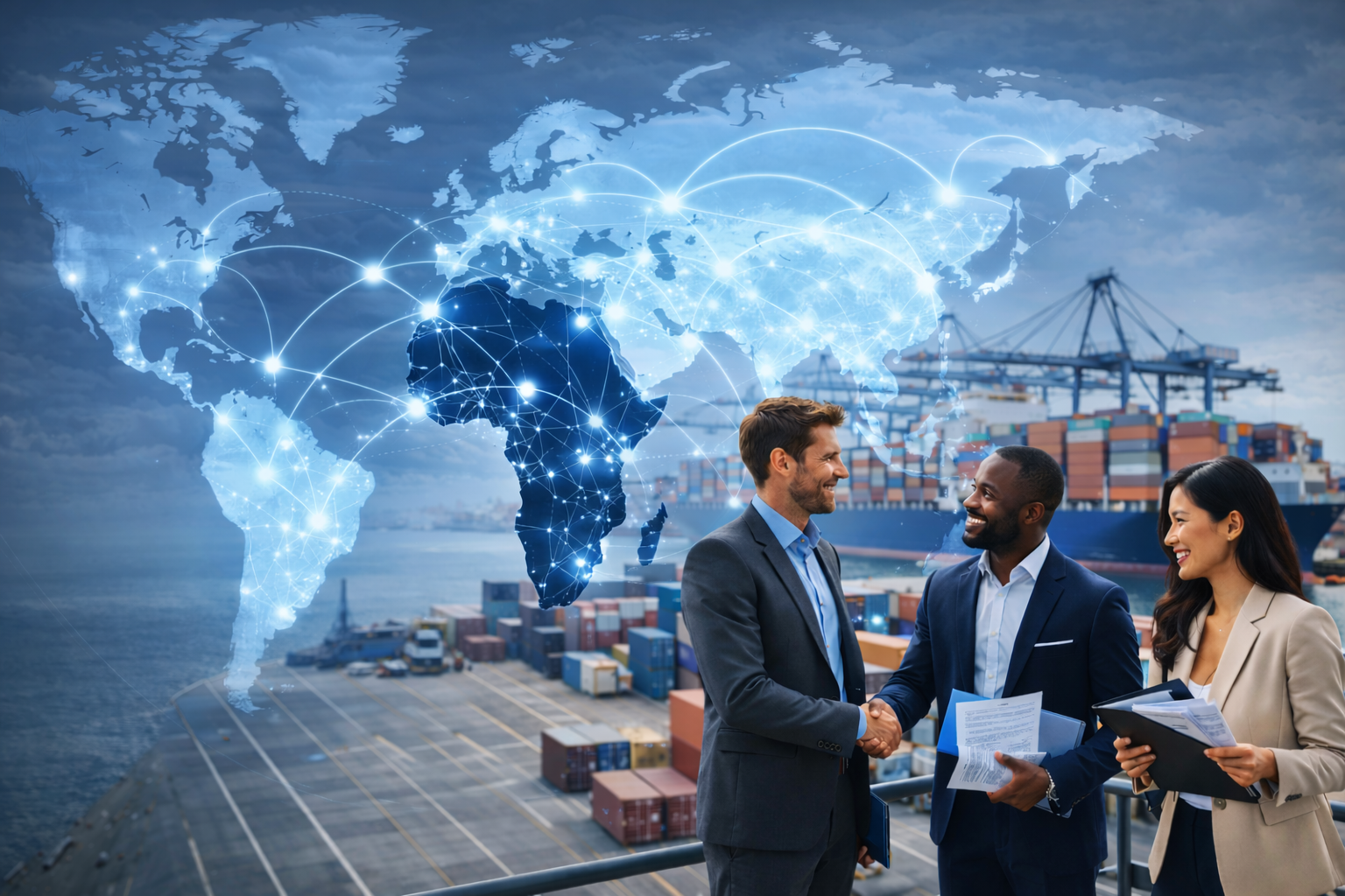 Carte du monde avec l'Afrique en évidence et connexions internationales